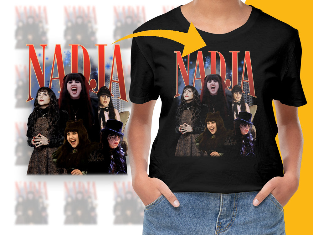 Nadja Inspired Graphic T-Shirt, Vampire TV Show Fan Merch, Women's Black Tee with Colorful Print, Casual and Trendy Top
