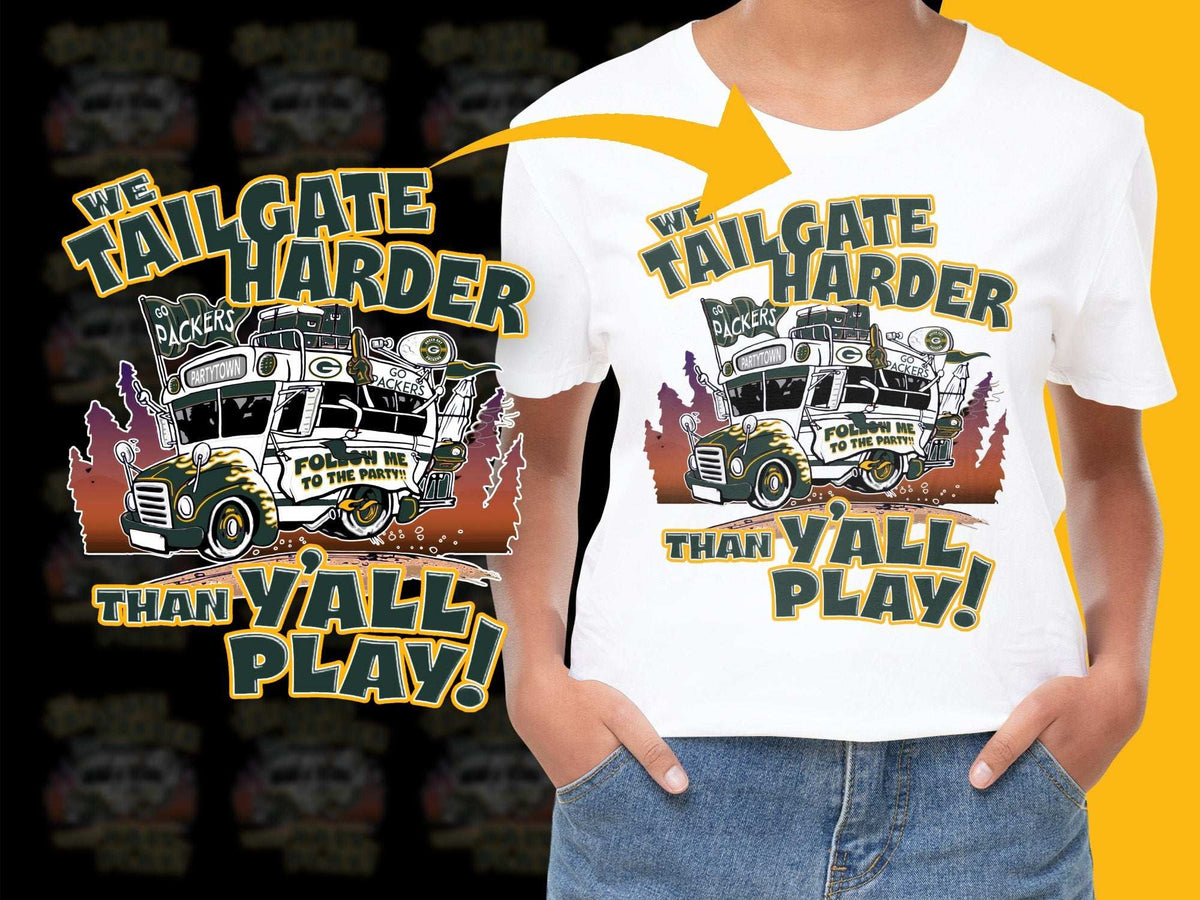 Tailgate Harder Than Y'all Play Packers T-Shirt, Football Fan Gift, Game Day Apparel, Vintage Truck Design Tee