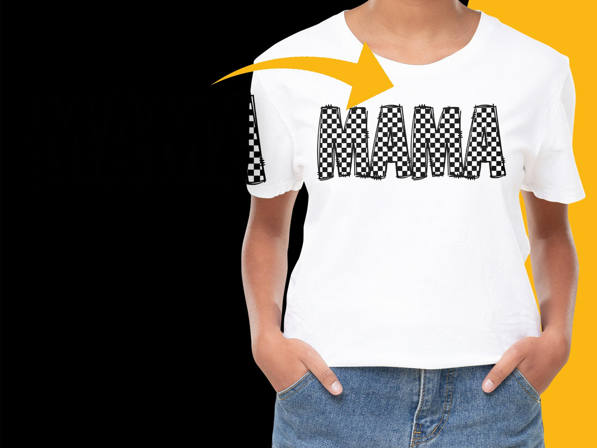 Trendy Mama T-Shirt, Checkered Letters Print, Casual Graphic Tee, Gift for Mom, Stylish Women's White Shirt