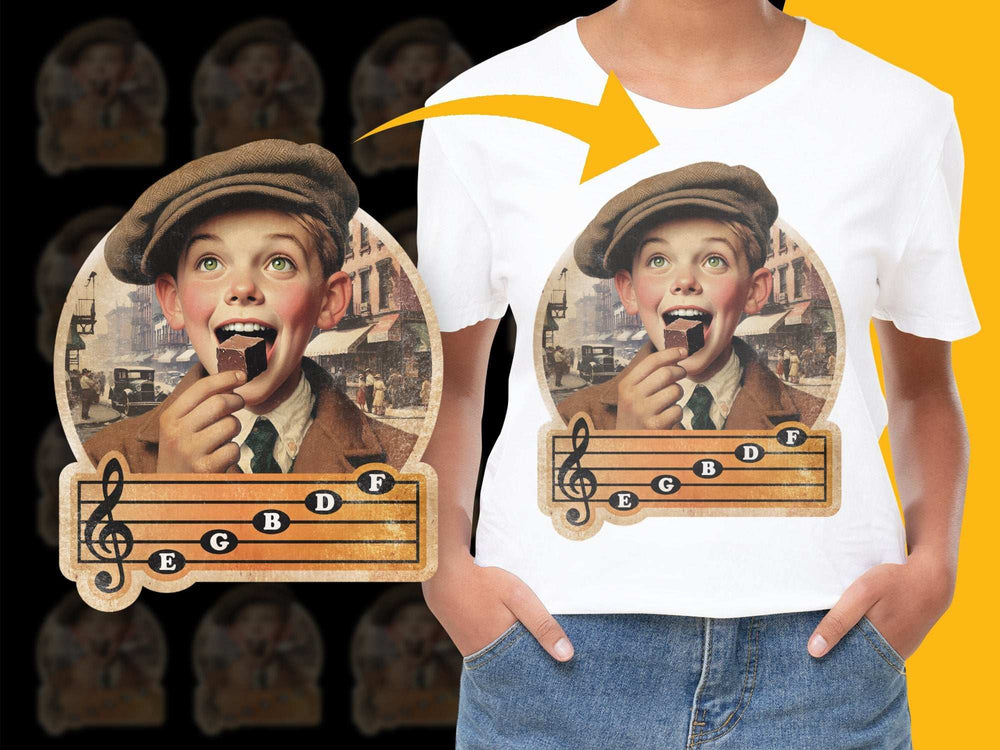 Vintage Boy Eating Chocolate Graphic T-Shirt, Retro Style Kids Fashion, Musical Note Accents