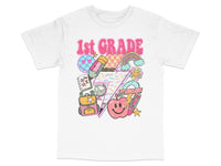 Load image into Gallery viewer, Kids 1st Grade T-Shirt Colorful School Supplies Rainbow Stars Graphic Tee
