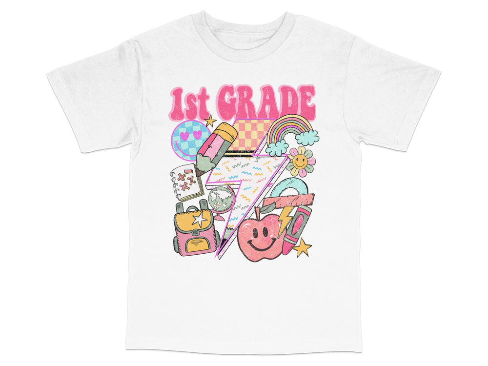 Kids 1st Grade T-Shirt Colorful School Supplies Rainbow Stars Graphic Tee