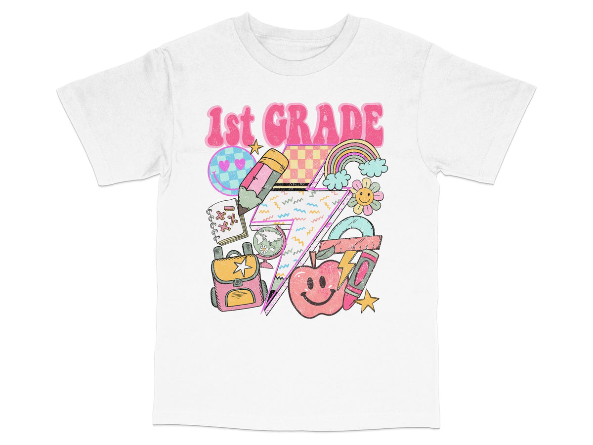 Kids 1st Grade T-Shirt Colorful School Supplies Rainbow Stars Graphic Tee