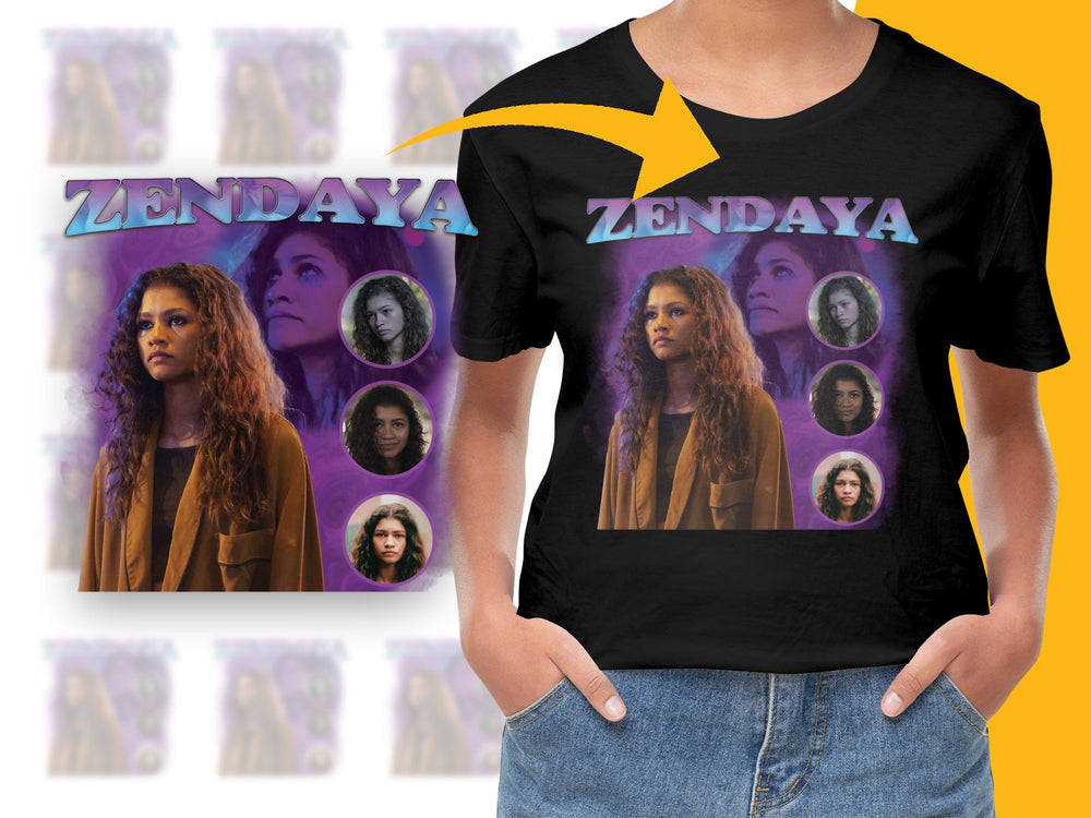 Zendaya Graphic T-Shirt, Trendy Celebrity Photo Collage Tee, Fashionable Women's Black Shirt, Pop Culture Apparel