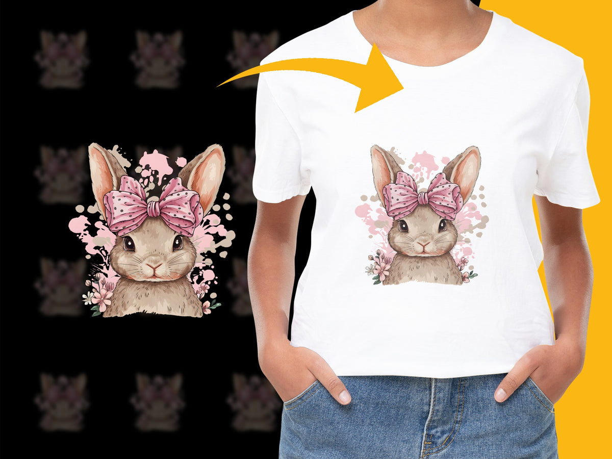 Cute Bunny T-Shirt with Pink Bow, Floral Rabbit Graphic Tee, Spring Fashion Top for Kids and Adults