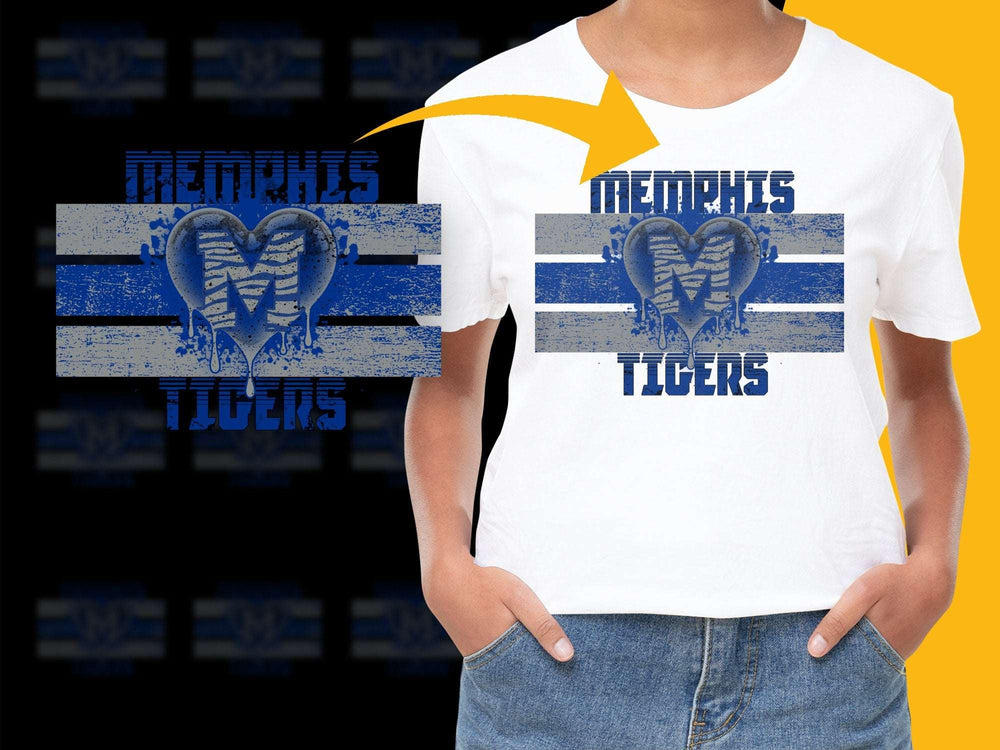 Memphis Tigers Heart Graphic T-Shirt, Blue Striped Sports Fan Apparel, Collegiate Style Tee, Casual Wear for Game Day