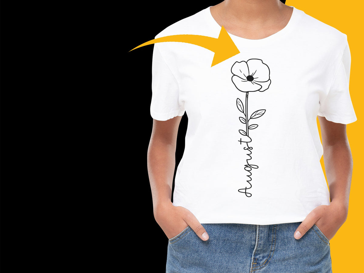 August Flower Graphic T-Shirt, Minimalist Floral Design Tee, White Cotton Shirt with Stylish Artwork