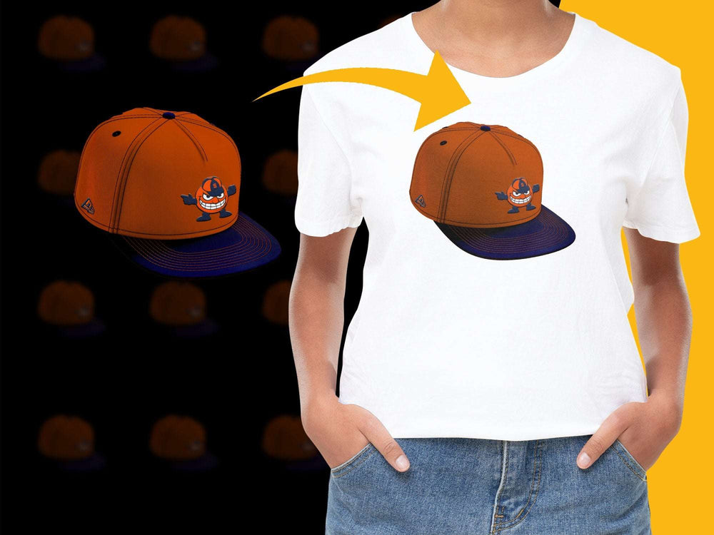 Orange and Blue Baseball Cap Graphic T-Shirt, Youth Casual Fashion Tee, Summer Streetwear Top