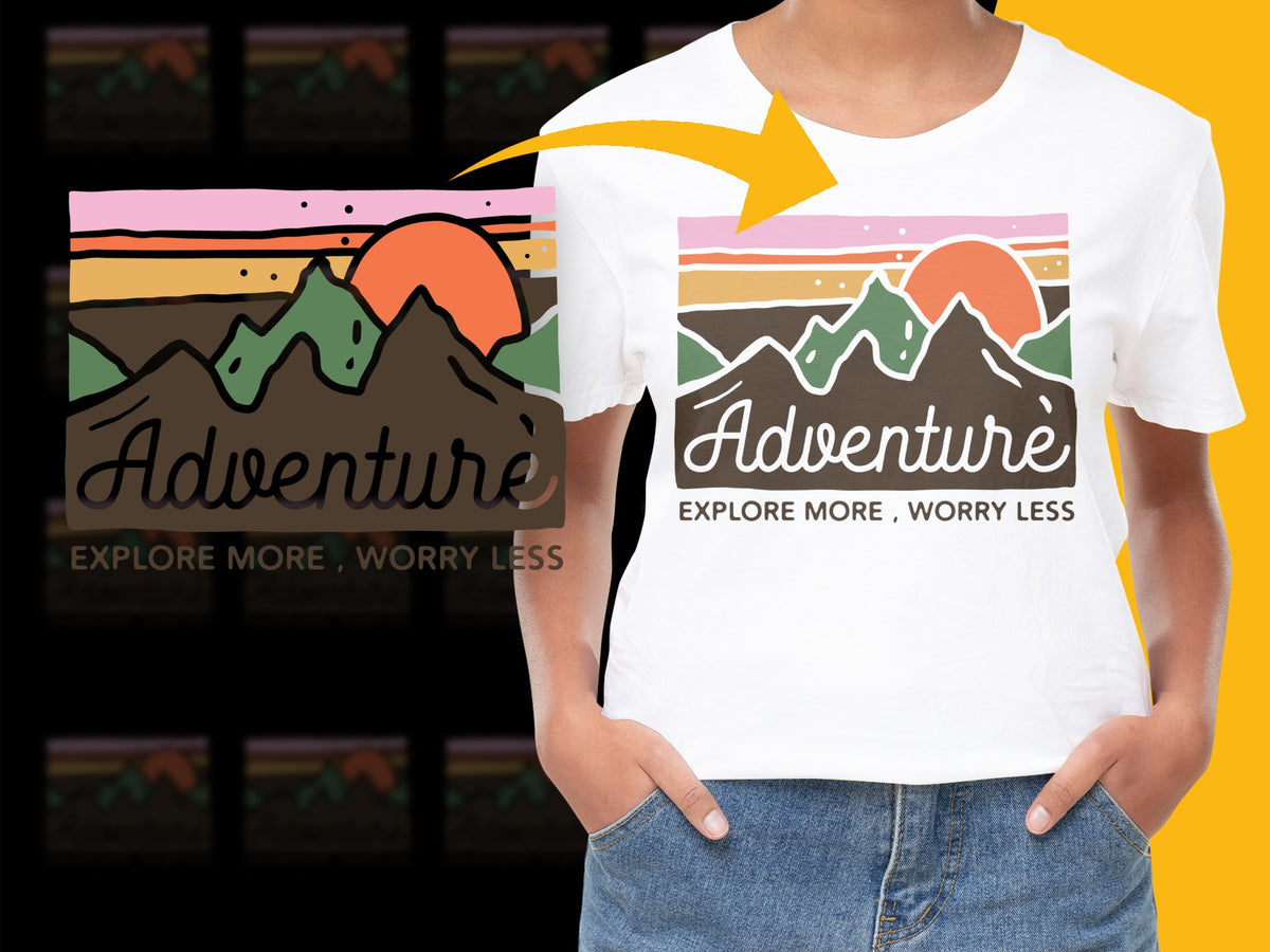 Adventure Graphic T-Shirt, Explore More Worry Less, Mountain Sunset Design, Unisex Cotton Tee