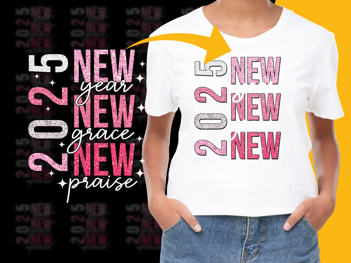 Trendy New Year Grace Praise T-Shirt, Stylish Pink and White Graphic Tee, Unisex Fashion Top