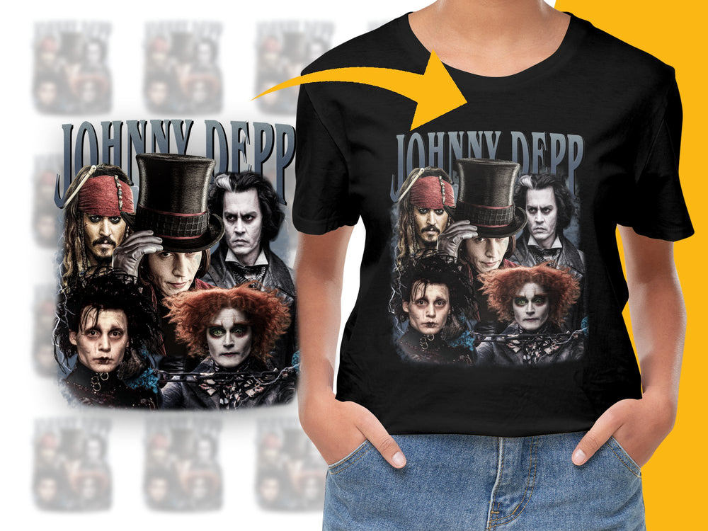 Johnny Depp Character Collage T-Shirt, Iconic Film Roles, Unisex Black Tee, Movie Fan Gift Idea