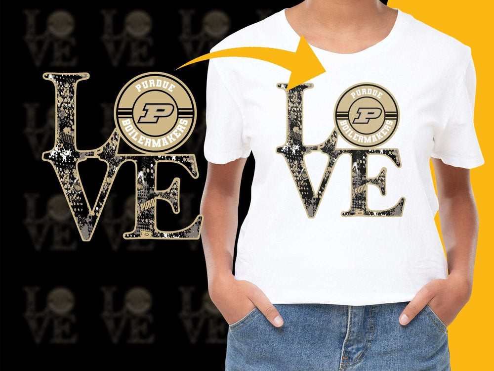 Purdue University Love T-Shirt, College Logo Graphic Tee, Black and Gold, Unisex Casual Wear