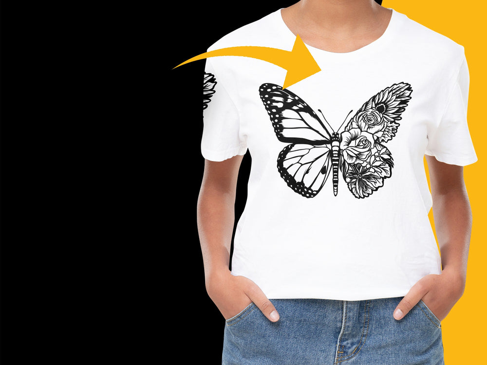 Women's White T-Shirt with Butterfly and Floral Print, Casual Summer Top, Stylish Graphic Tee