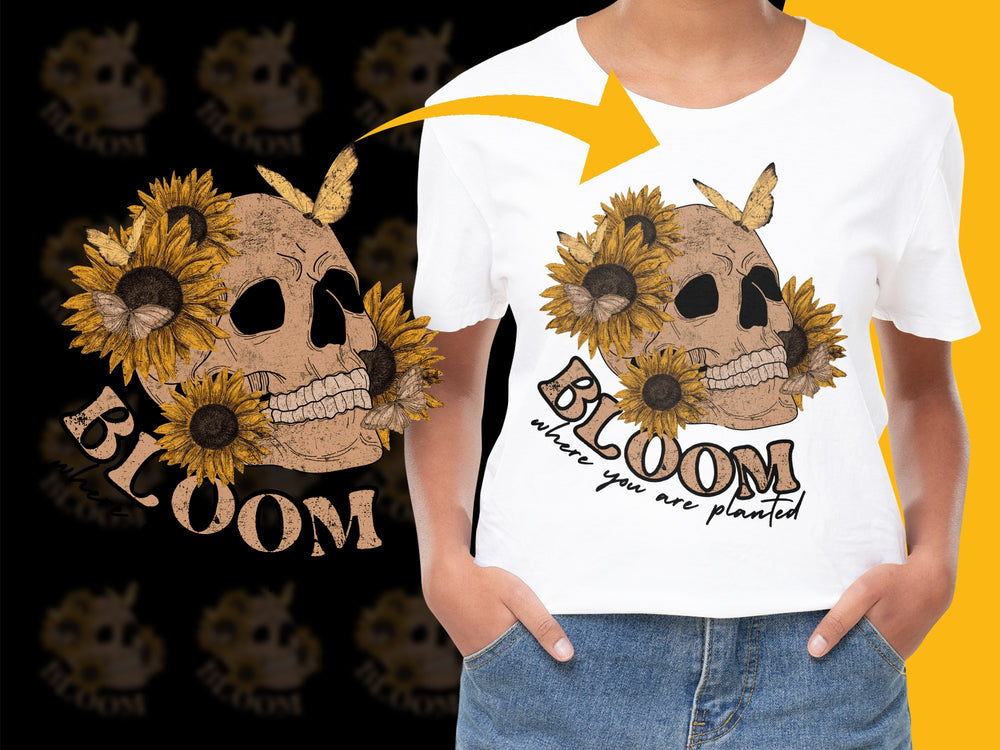 Sunflower Skull T-Shirt, Bloom Where You Are Planted, Floral Gothic Tee, Summer Boho Fashion, Unique Graphic Shirt for Women and Men
