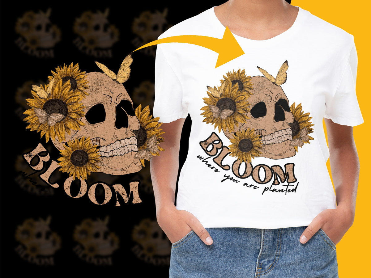 Sunflower Skull T-Shirt, Bloom Where You Are Planted, Floral Gothic Tee, Summer Boho Fashion, Unique Graphic Shirt for Women and Men