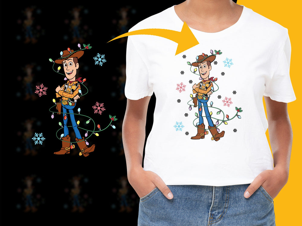 Women's White T-Shirt with Cartoon Cowboy Design, Casual Graphic Tee, Holiday Lights Motif