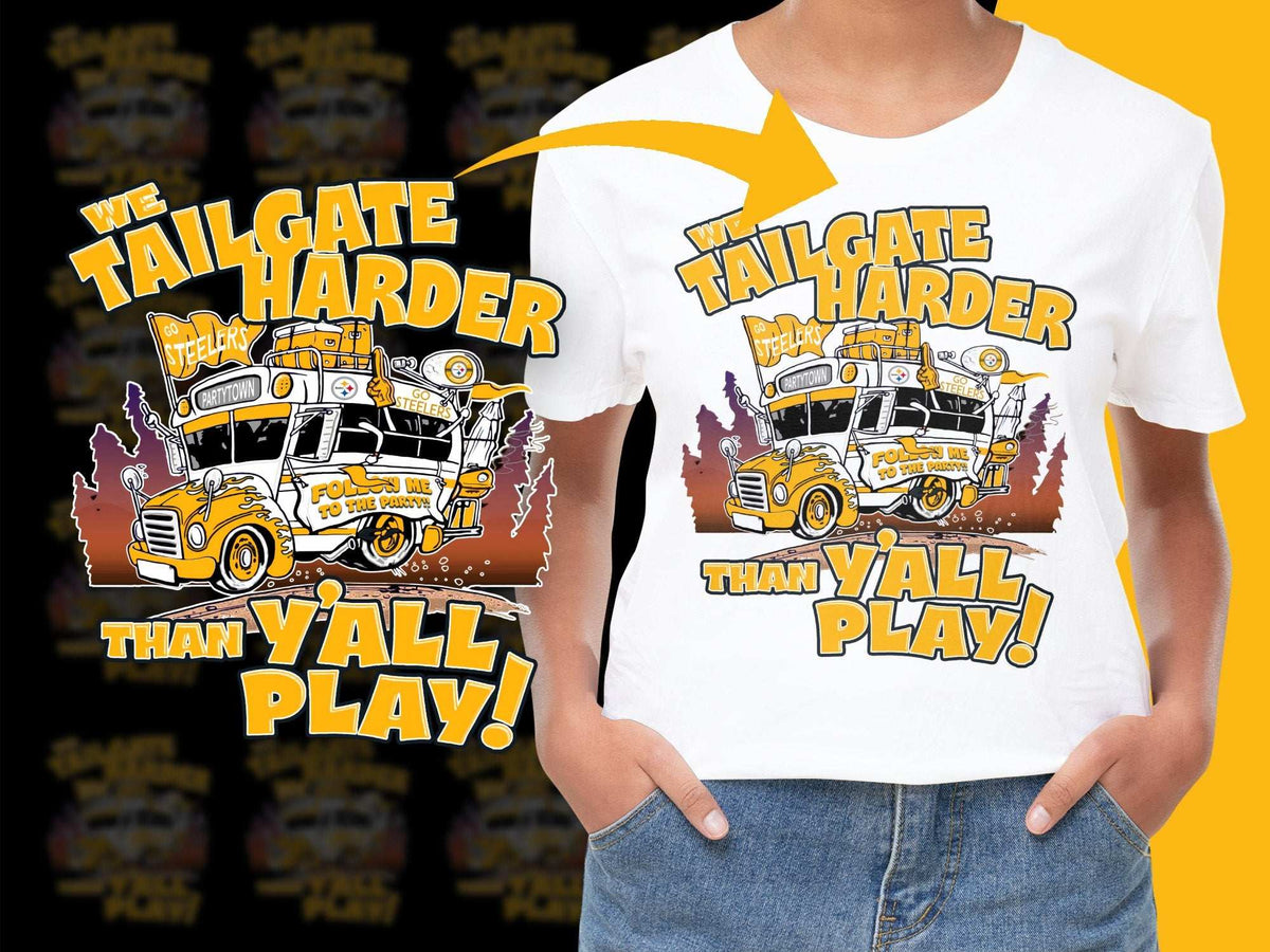 Tailgate Harder Than Y'all Play T-Shirt, Vintage Bus Graphic, Sports Fan Tee, Casual Streetwear, Unisex Apparel