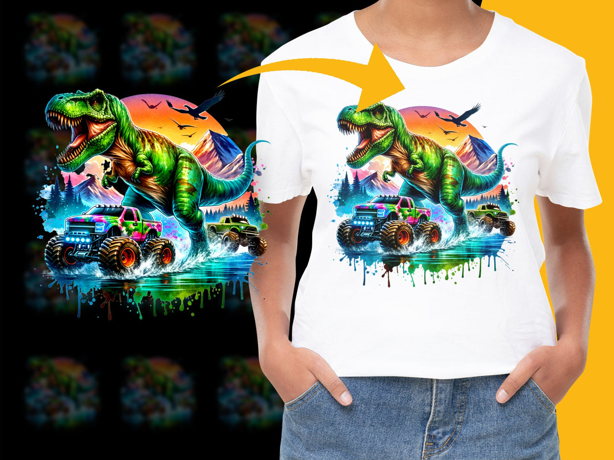 Colorful Dinosaur T-Shirt, Kids Graphic Tee, T-Rex Monster Truck Design, Vibrant Summer Top, Unisex Children's Clothing