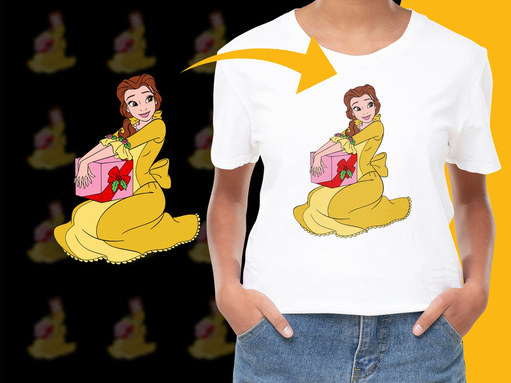 Women's White T-Shirt with Cartoon Princess Graphic, Cute Yellow Dress Design, Gift Idea