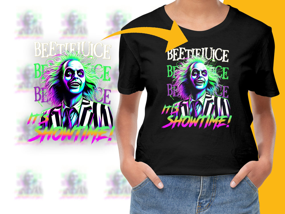 Beetlejuice Showtime Graphic T-Shirt, Neon Pop Art, Unisex Movie Fan Tee, Bold Colorful Design