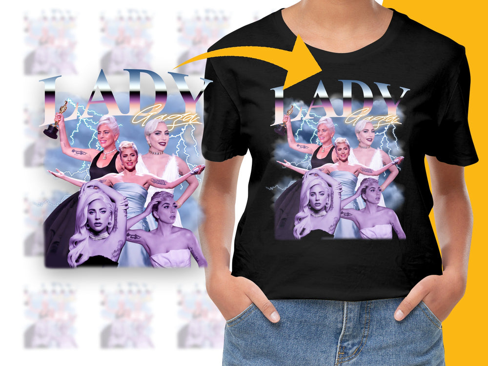Lady Gaga Inspired Graphic T-Shirt, Pop Art Collage, Fan Merchandise, Multiple Poses, Colorful Design, Music Icon Fashion Tee