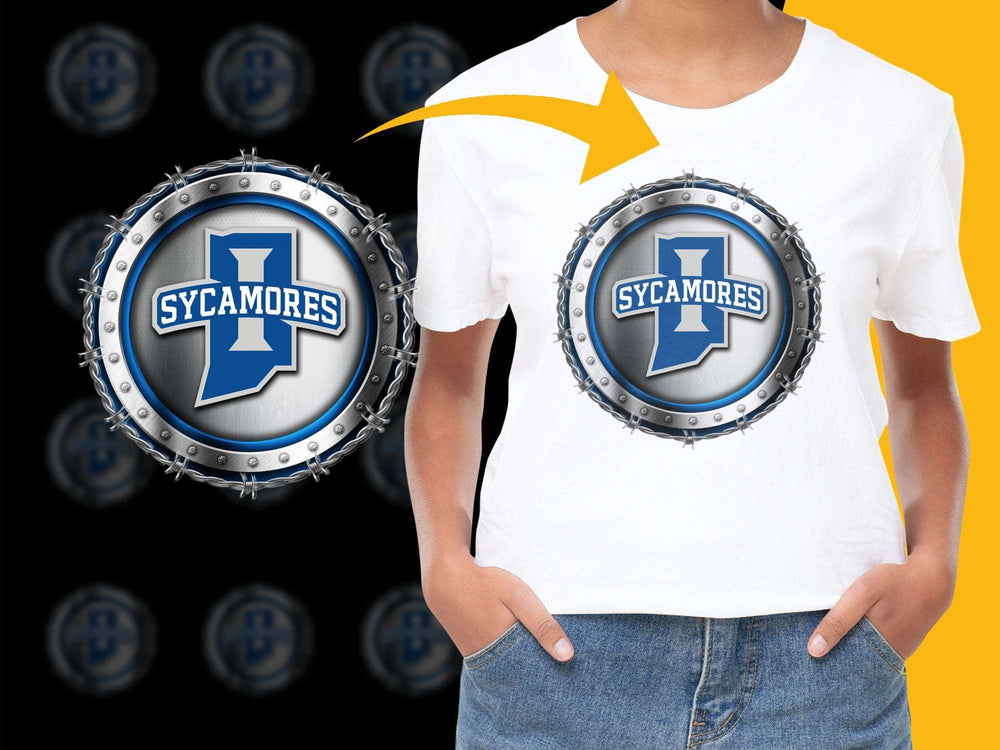 Sycamores Logo T-Shirt, Vintage College Sports Fan Gear, Blue and Silver Graphic Tee, Unisex Clothing