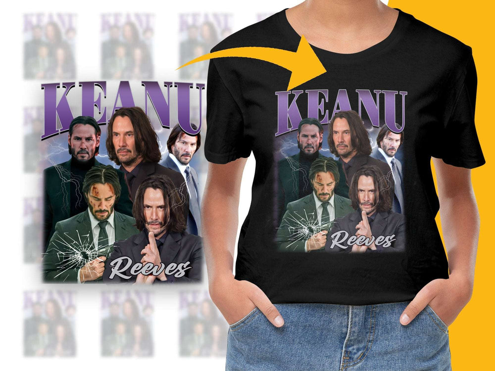 Keanu Reeves Fan T-Shirt, Collage of Movie Scenes, Unisex Black Graphic Tee, Gift for Movie Lovers