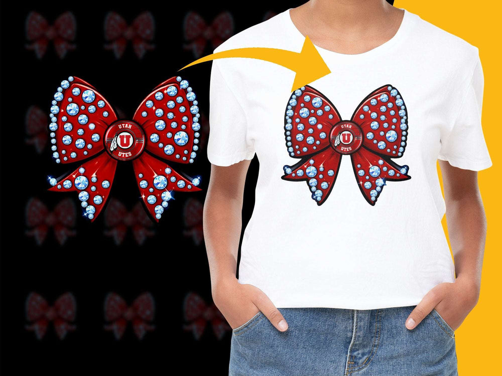 Girl's White T-Shirt with Red Bow Pattern, Rhinestone Embellishments, Trendy Kids Fashion