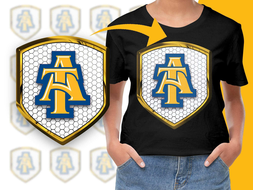 Graphic T-Shirt with Blue and Yellow Shield Logo, Honeycomb Pattern, Casual Wear for Teens and Adults