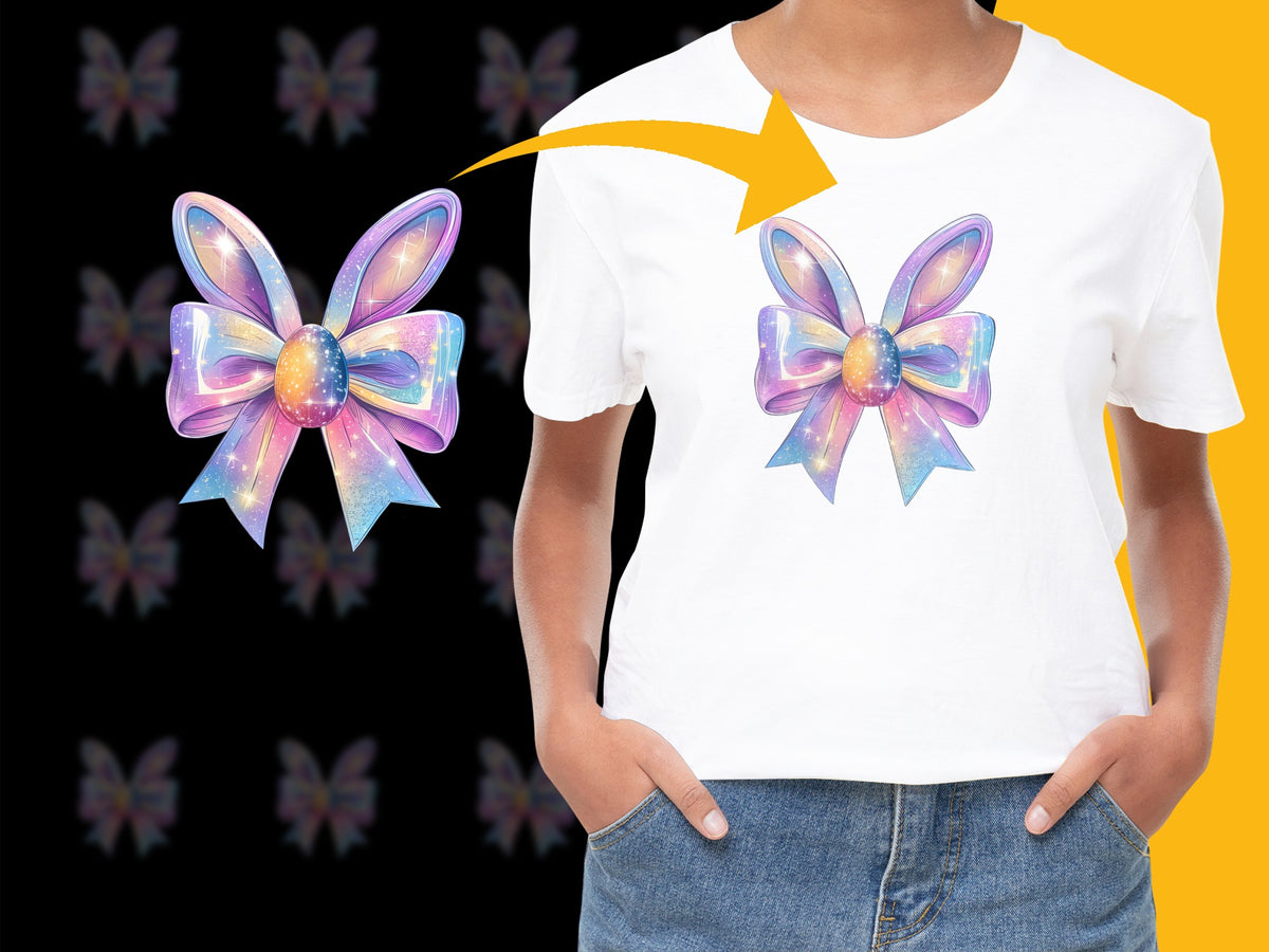 Women's Iridescent Bow Graphic T-Shirt, Colorful Summer Tee, Casual Fashion Top, Unique Mystic Print Shirt