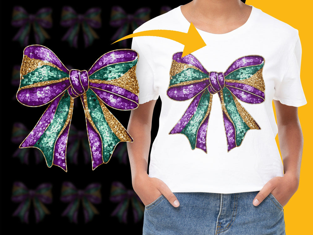 Colorful Sequin Bow T-Shirt, Sparkly Purple Green Gold Top, Unique Graphic Tee, Casual Fashion Wear, Trendy Shirt Design for All Ages