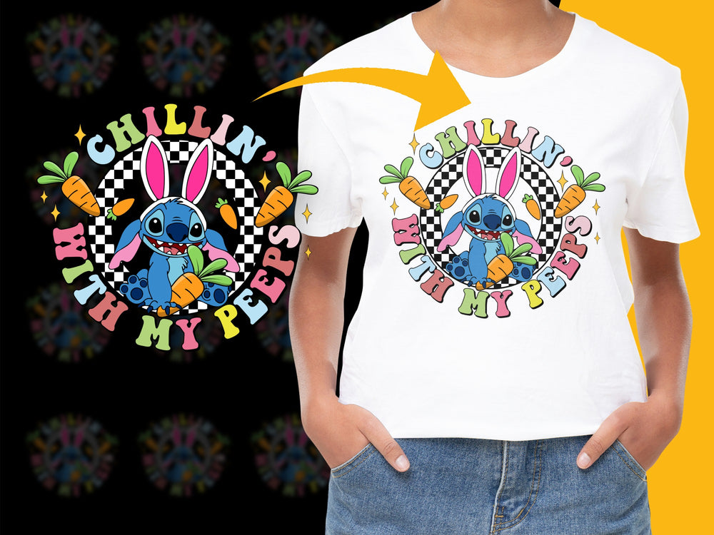 Colorful Cartoon Bunny T-Shirt, Chillin With My Peeps, Cute Rabbit Graphic Tee, Kids and Adults Sizes Available
