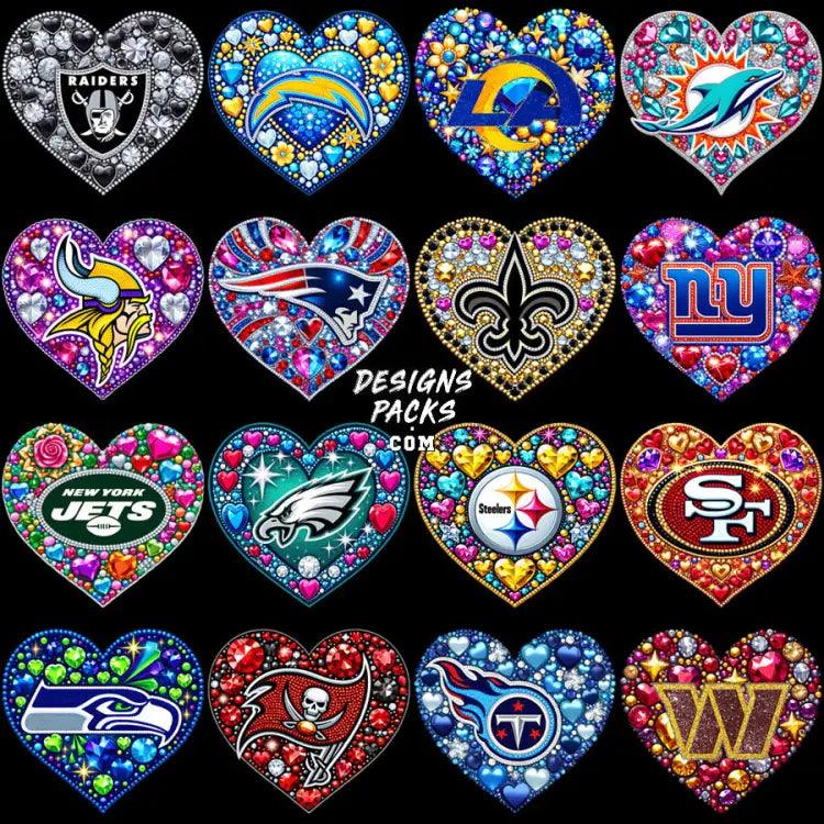 32 Diamond Heart Football Teams Designs Bundle Png