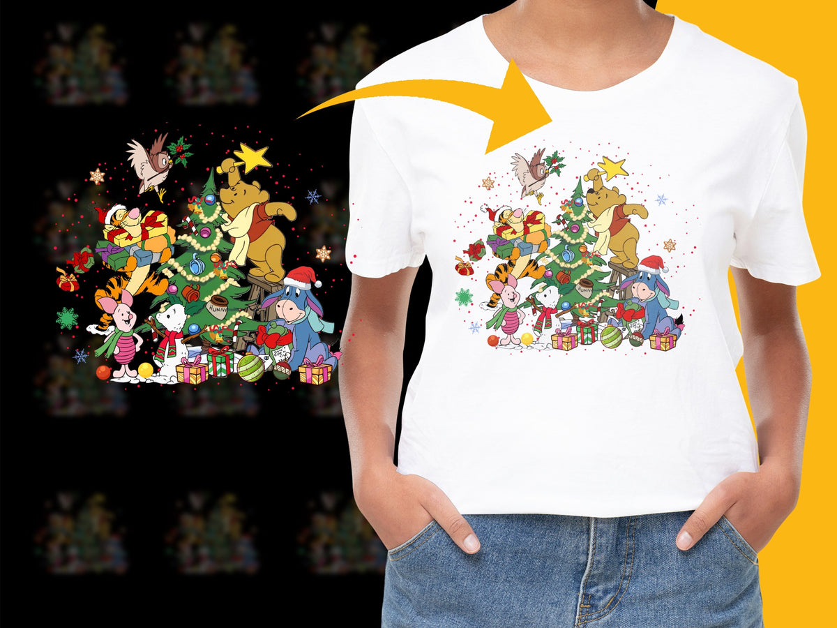 Festive Holiday T-Shirt with Disney Characters, Colorful Christmas Gift Design, Kids and Adults Sizes Available