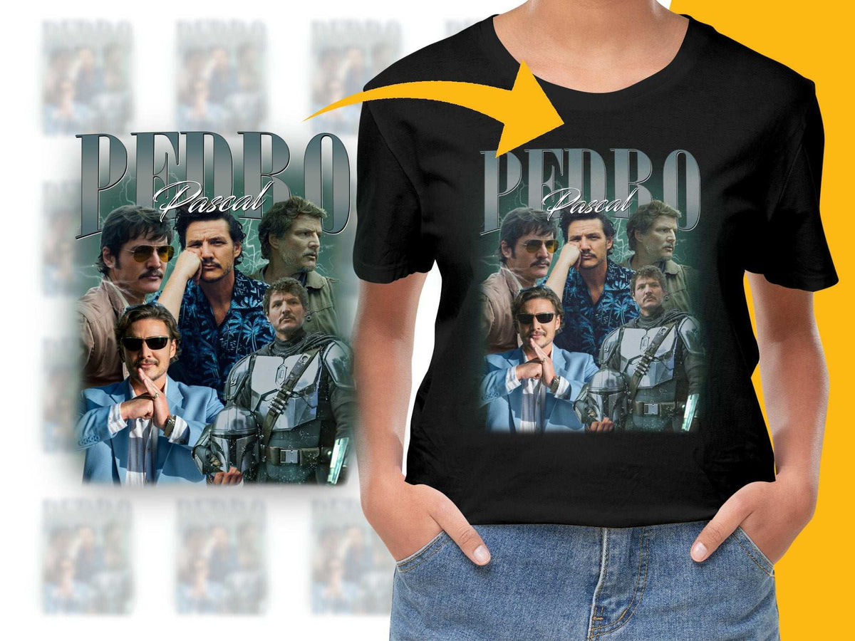 Pedro Pascal Fan T-Shirt, Vintage Graphic Tee, Multiple Poses, Actor Tribute, Unisex Black Shirt, Gift for Movie Lovers