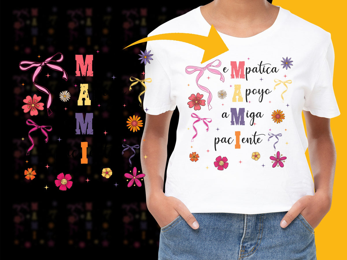 Colorful Floral Women's T-Shirt, Spanish Text Empatica Amiga Graphic Tee, Casual Summer Fashion Top with Fun Design