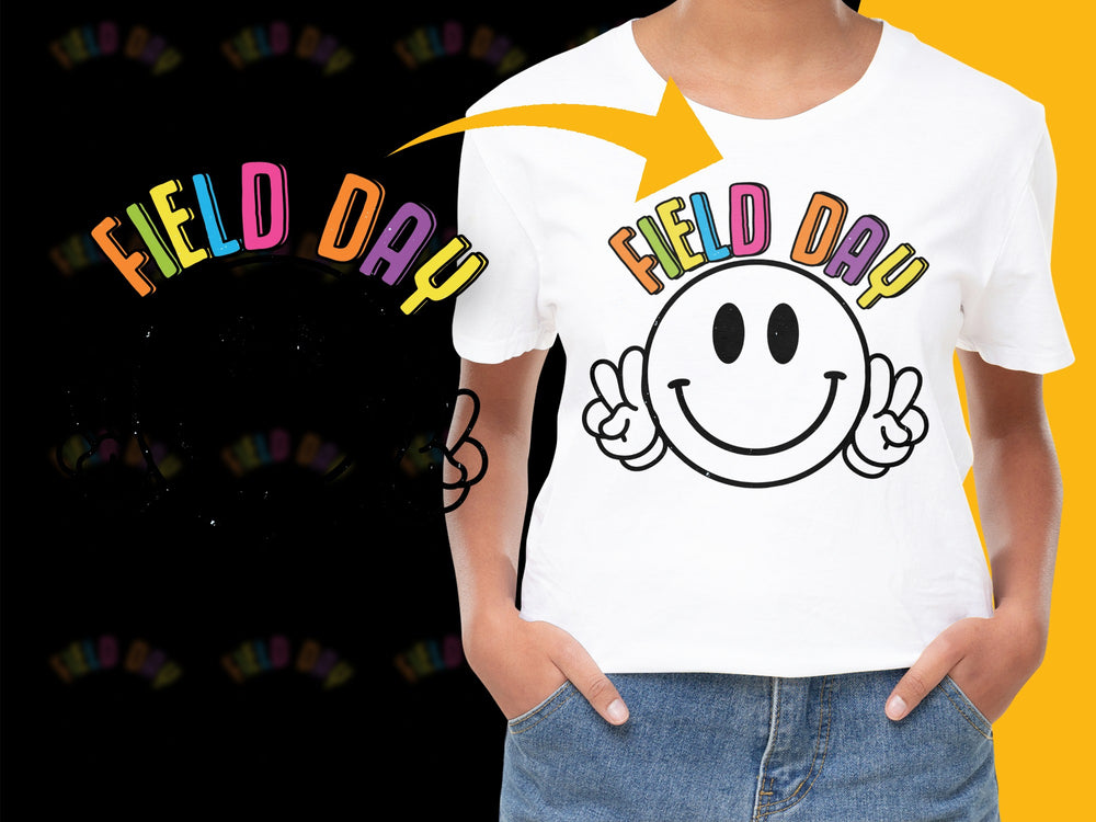 Field Day T-Shirt, Retro Smiley Face Graphic Tee, Colorful Casual Unisex Top for Outdoor Events and School Activities