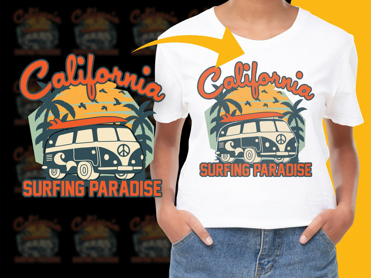 California Surfing Paradise T-Shirt, Vintage Van Graphic, Summer Beach Tee, Unisex Casual Fashion Wear