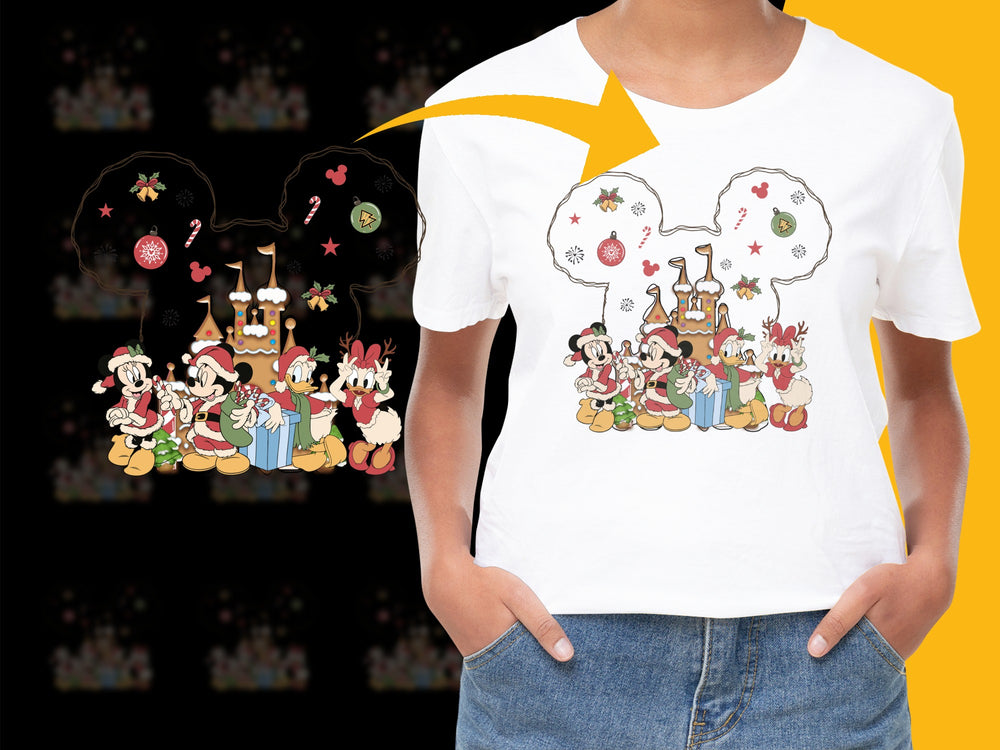 Women's White T-Shirt with Christmas Cartoon Characters, Festive Holiday Apparel, Cute Graphic Tee
