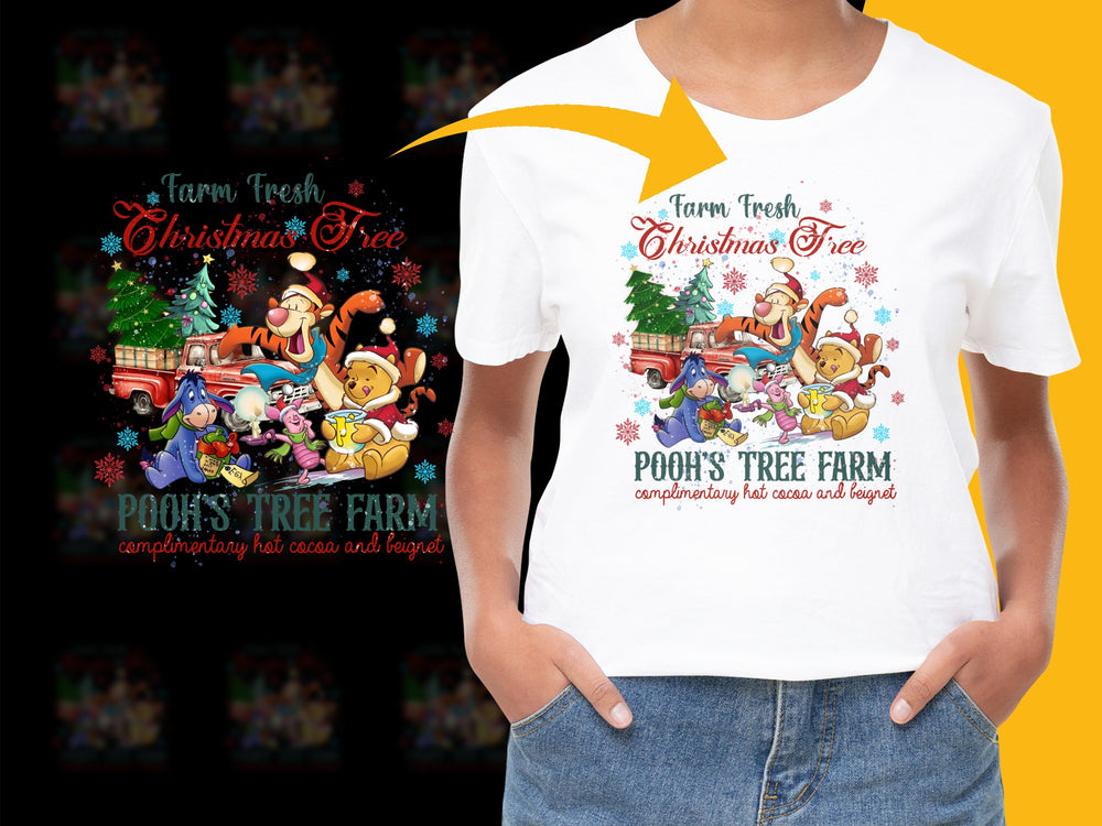 Kids Winnie the Pooh Christmas T-Shirt, Farm Fresh Tree Holiday Tee, Colorful Graphic Shirt for Children