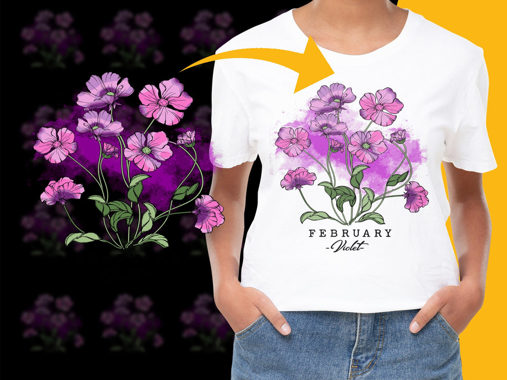 Women's Floral T-Shirt February Violet Design, Purple Watercolor Flowers, Casual Spring Fashion Top, Gift for Her
