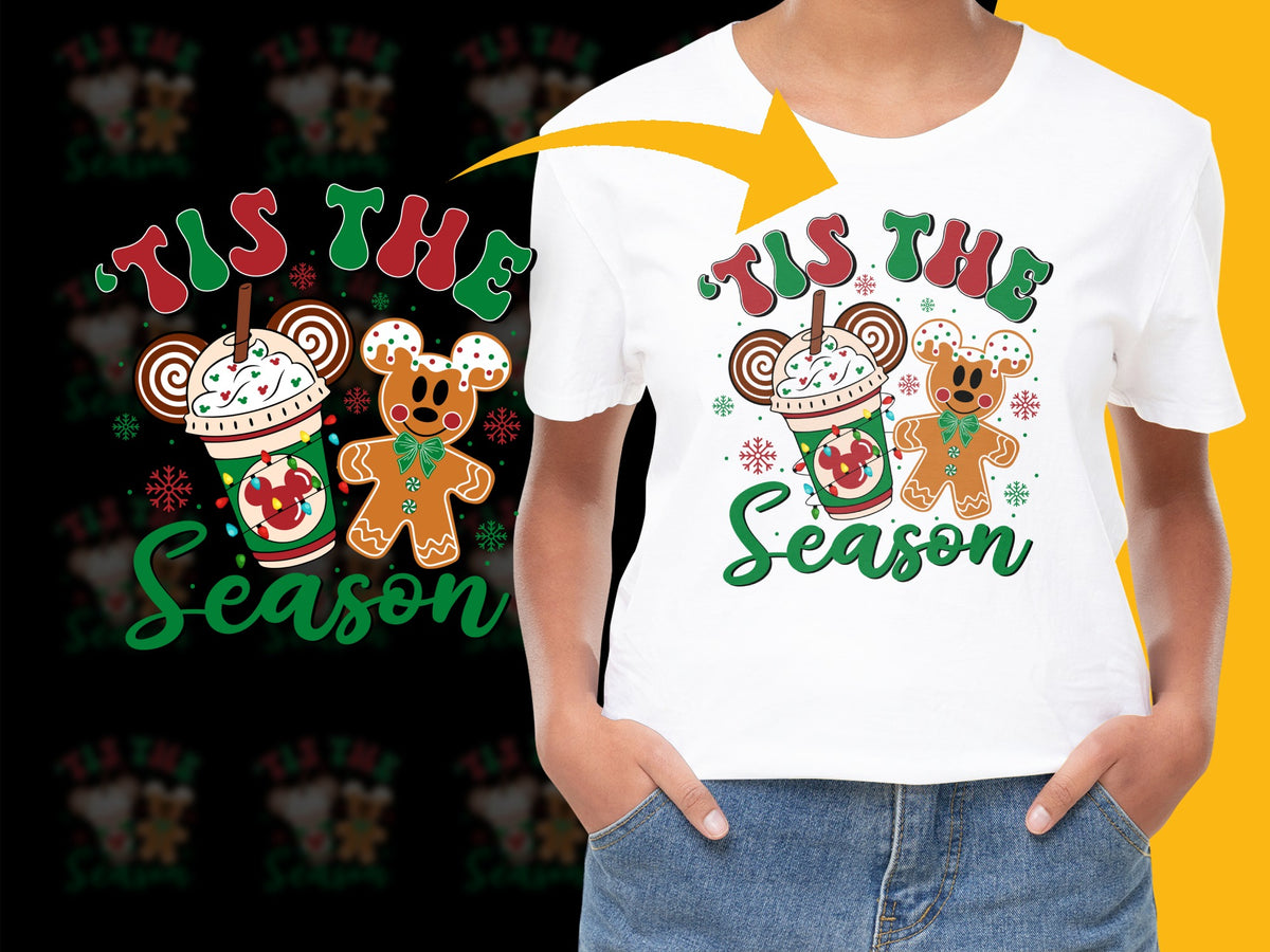 Festive Holiday T-Shirt 'Tis the Season Hot Cocoa and Gingerbread Design Christmas Gift