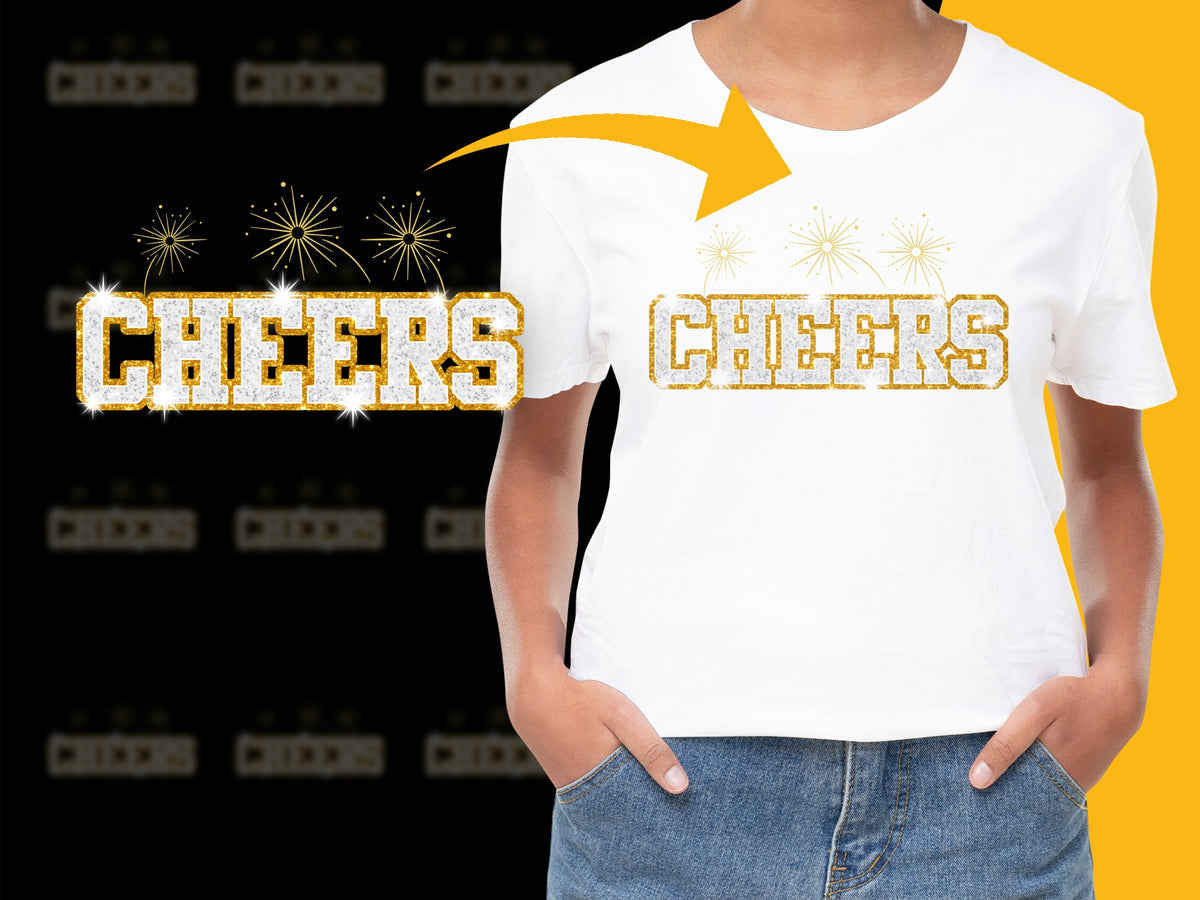 Festive Cheers T-Shirt, Gold Glitter Fireworks Print, Unisex White Tee, Holiday Party Apparel