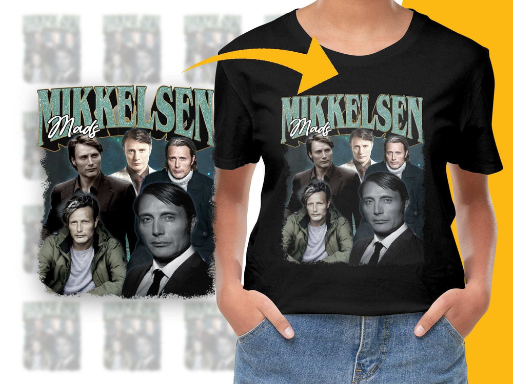 Mikkelsen Mad Fan T-Shirt, Multiple Portraits Graphic Tee, Unique Gift, Movie Buff Apparel.