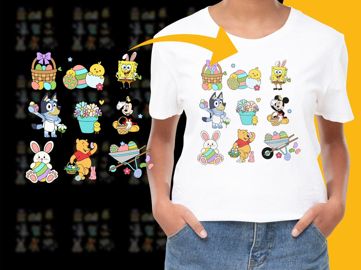 Colorful Easter Bunny Cartoon T-Shirt, Cute Kids Holiday Graphic Tee, Spring Festival Apparel