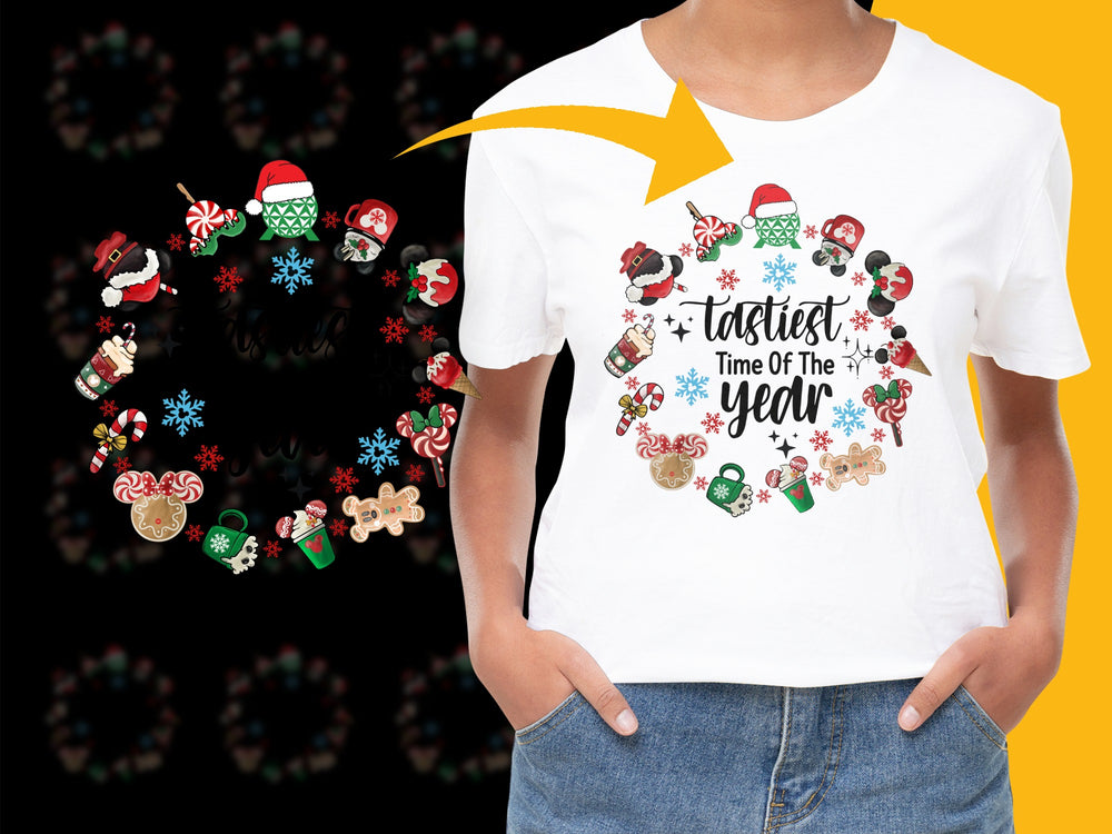 Festive Holiday T-Shirt, Christmas Graphics, Santa Hats, Snowflakes, Unisex Adult Fashion