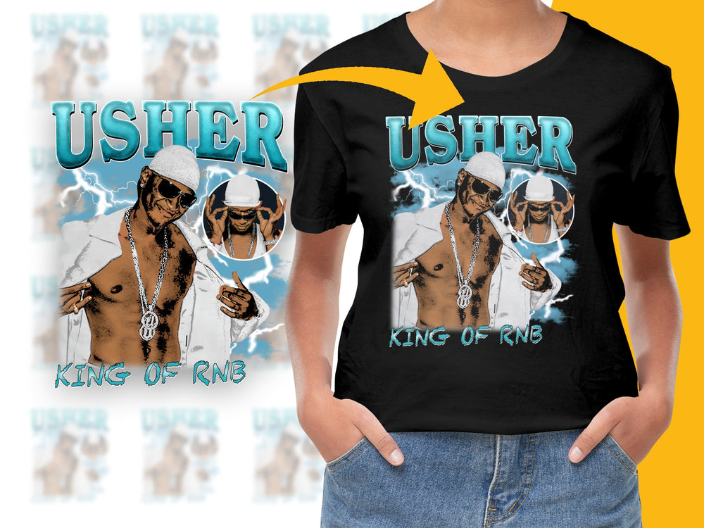 Usher King of RnB Graphic T-Shirt, Vintage Hip Hop Tee, Music Artist Fan Merch, Unisex Casual Black Shirt