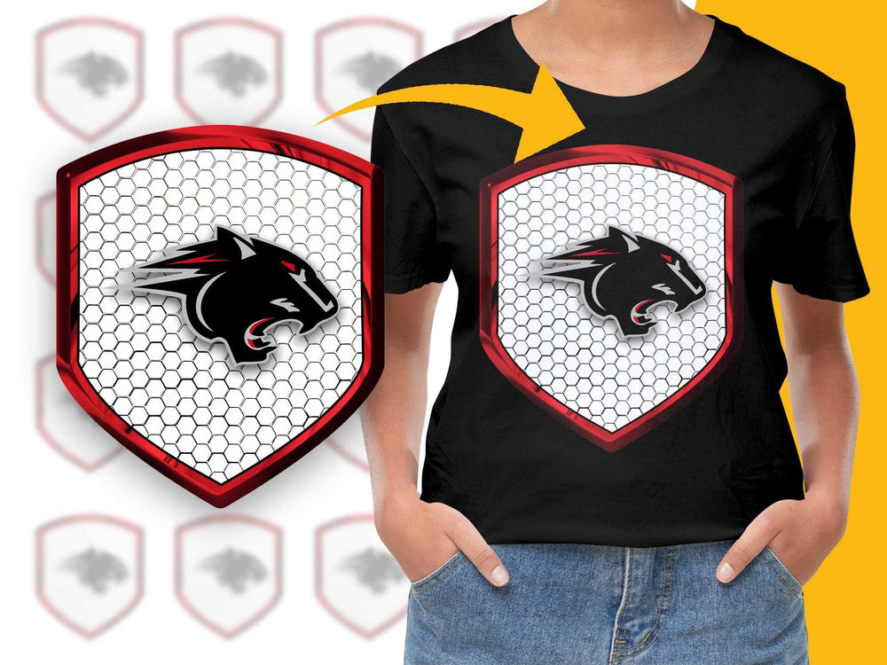 Youth Graphic T-Shirt with Unique Wolf Emblem, Modern Stylish Design, Bold Red and Black Colors