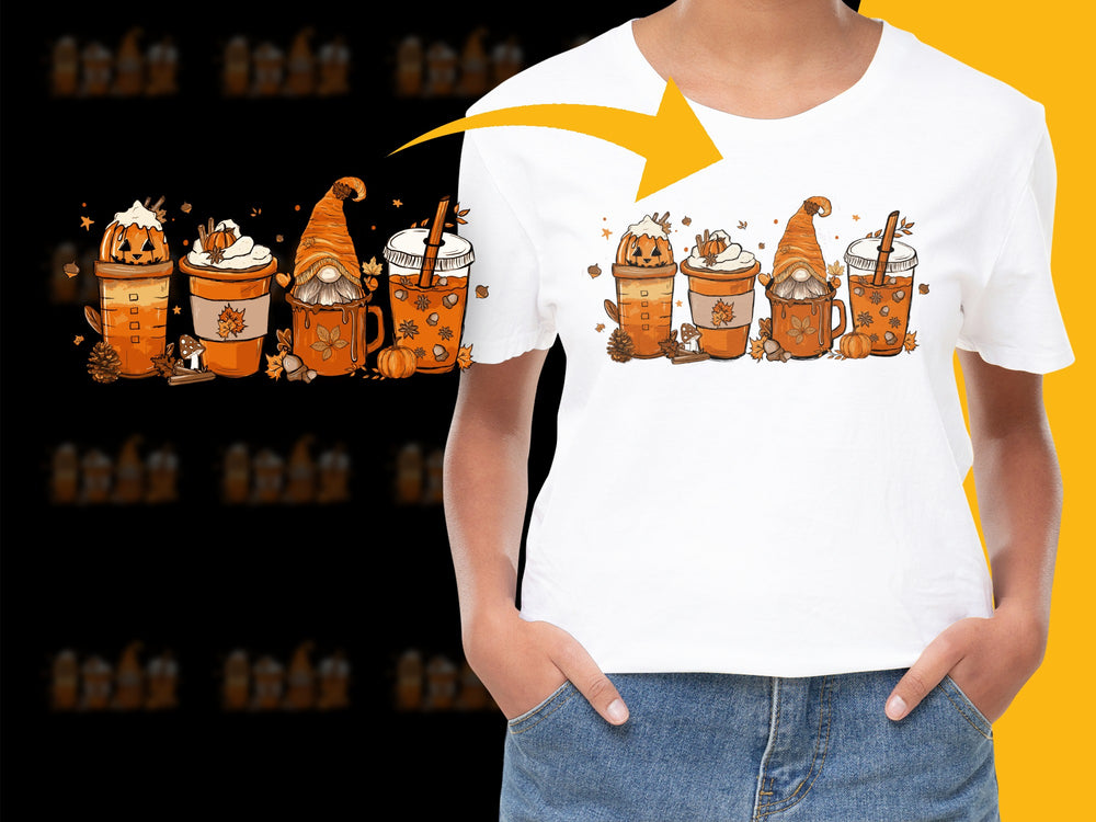 Autumn Gnomes Graphic T-Shirt, Fall Pumpkins Coffee Cute Illustration, Casual Wear for All Ages