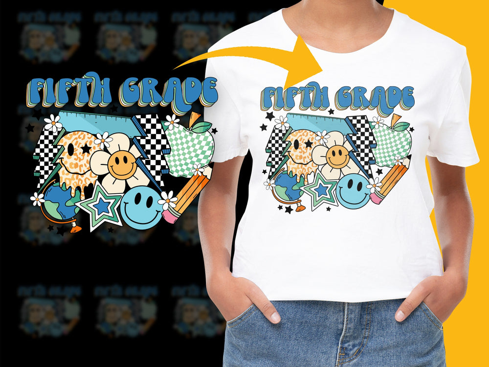 Fifth Grade Teacher T-Shirt, Cute Kawaii Apple Pencil Stars, Graphic Tee for Educators, Trendy School Shirt Design